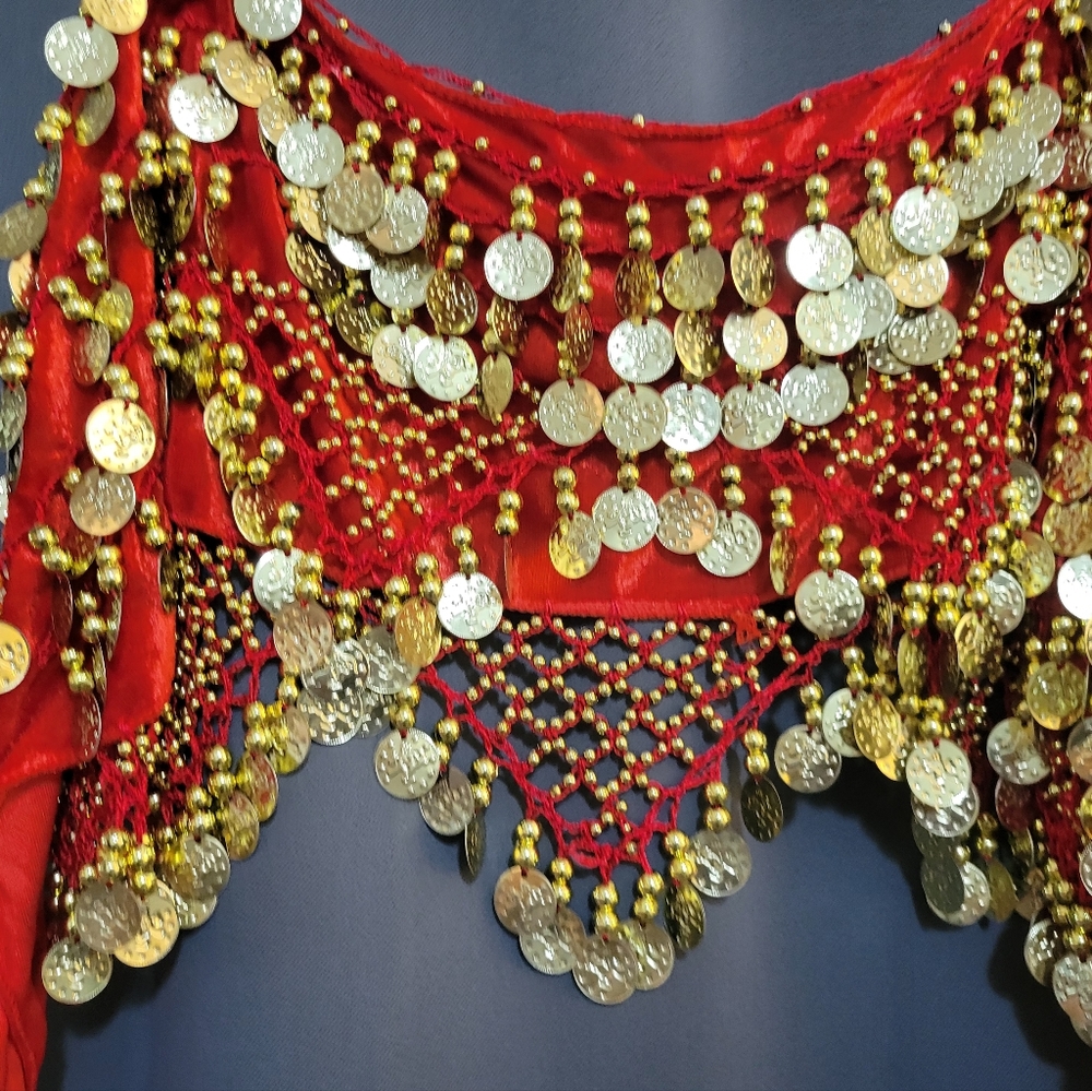 Red Bellydance Hip Scarf with Gold Coins
